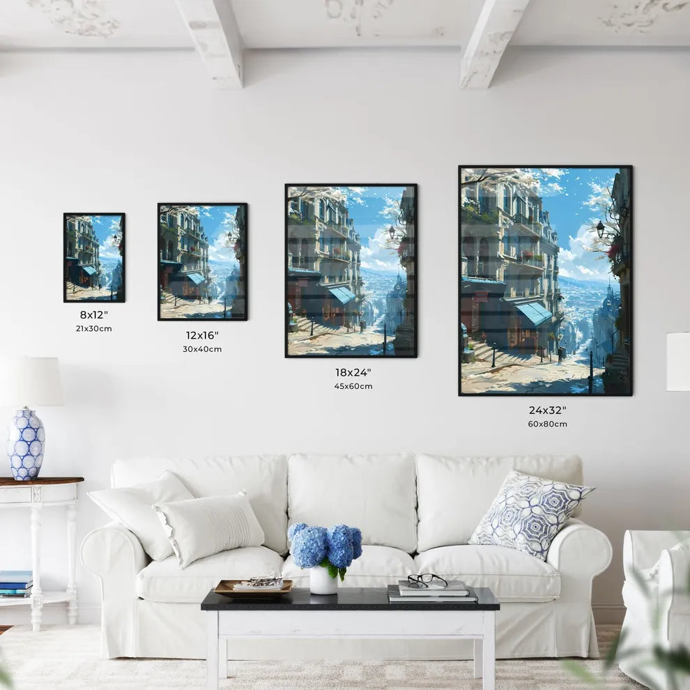 A Poster of Paris Skyline - A Street With Buildings And Stairs Size Chart