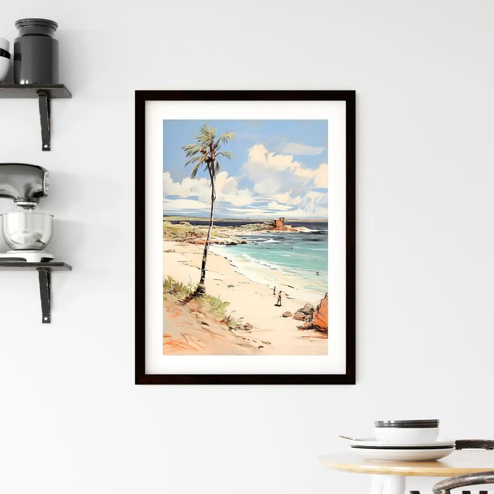 A Poster of desert tropical beach with palm  Framed Print
