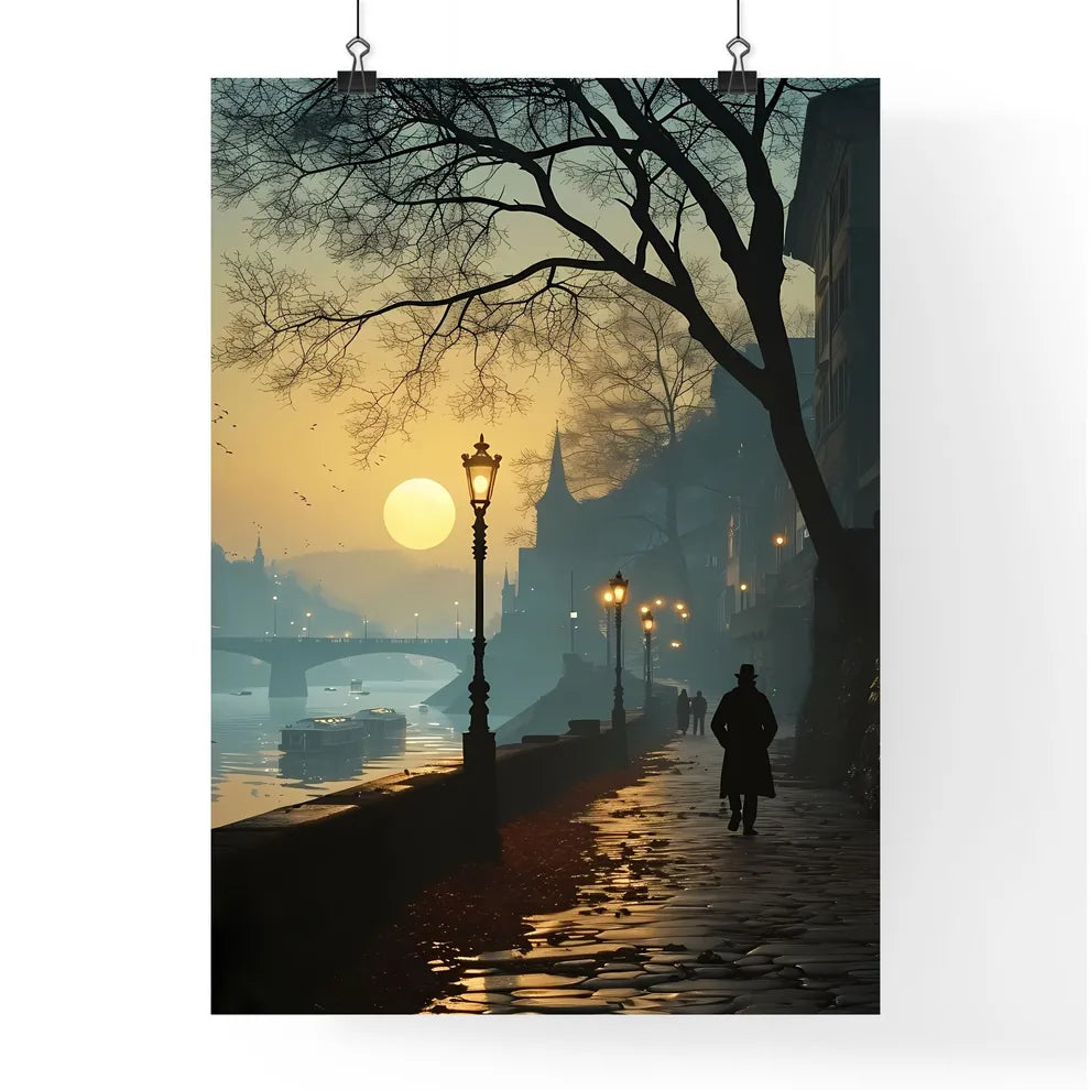 A Poster of vector poster traveling - A Person Walking On A Sidewalk Next To A River Poster