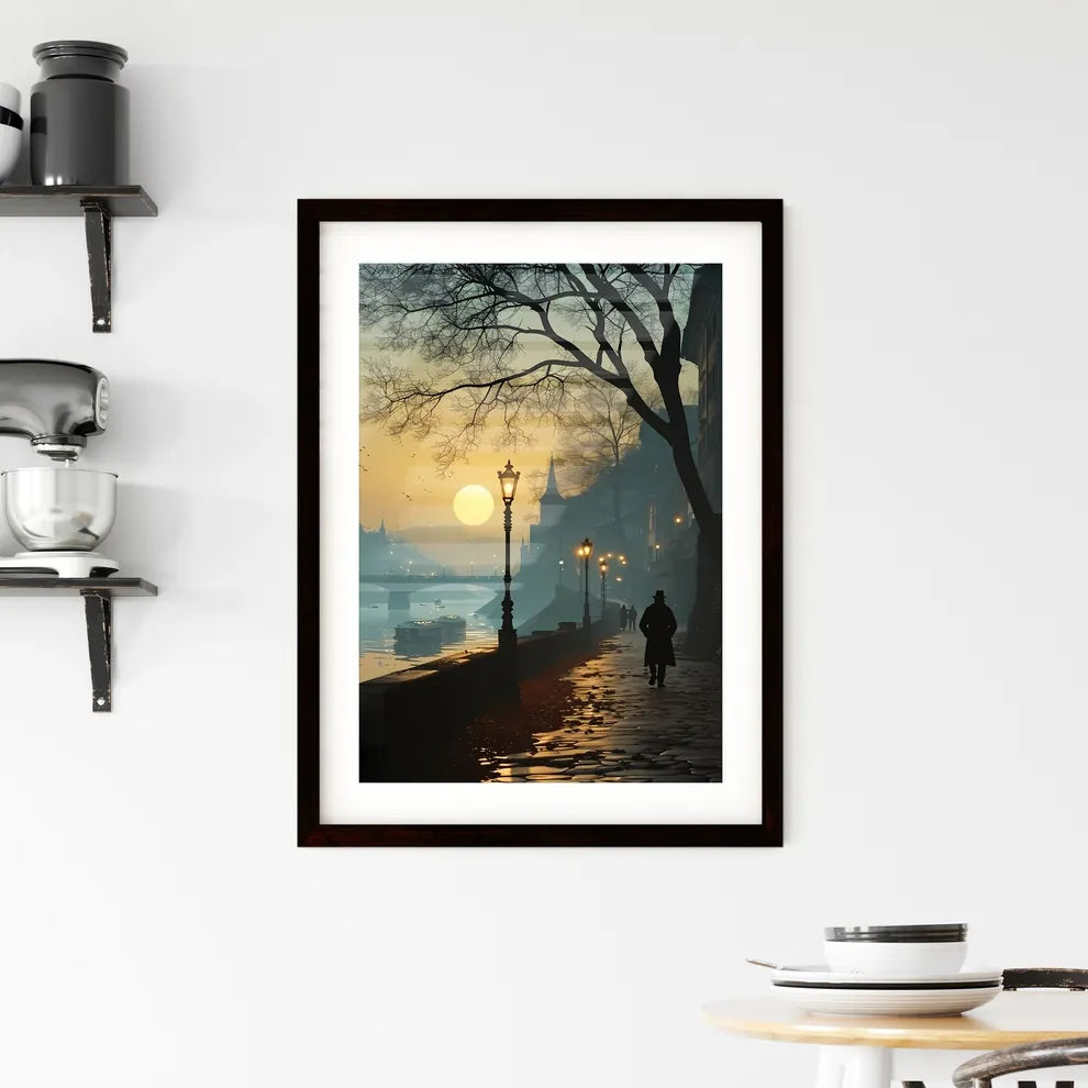 A Poster of vector poster traveling - A Person Walking On A Sidewalk Next To A River Custom Print