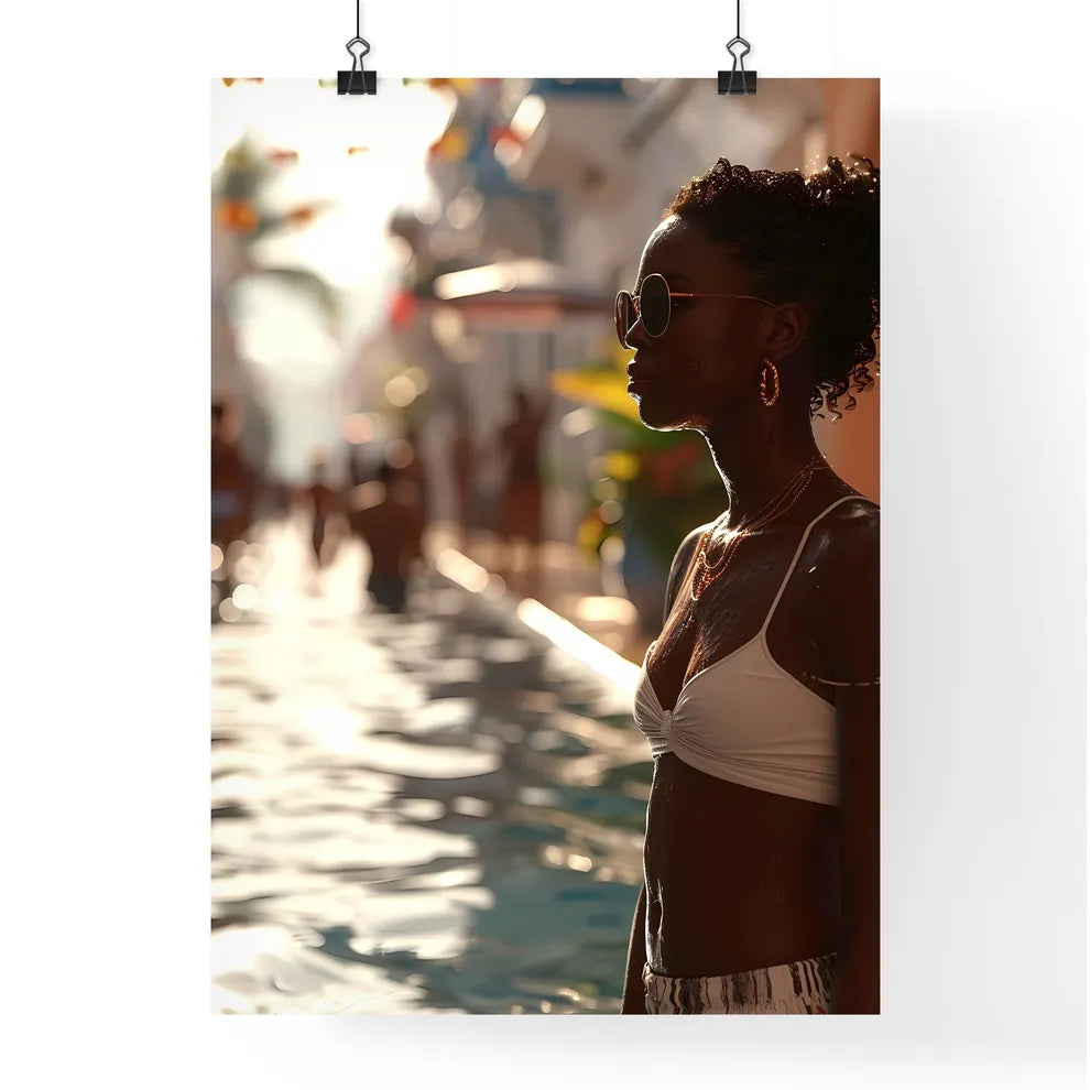 A Poster of a beautiful woman sitting poolsi Poster