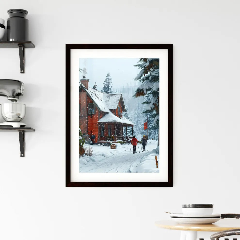 A Poster of two people are skiers in the sno Framed Print