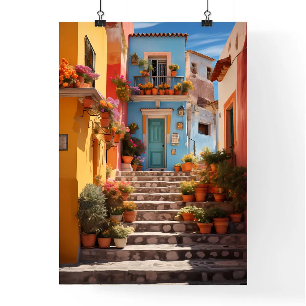 A Poster of San miguel vibrant color combinations - A Stairs Leading To A Building With Pots Of Flowers Poster