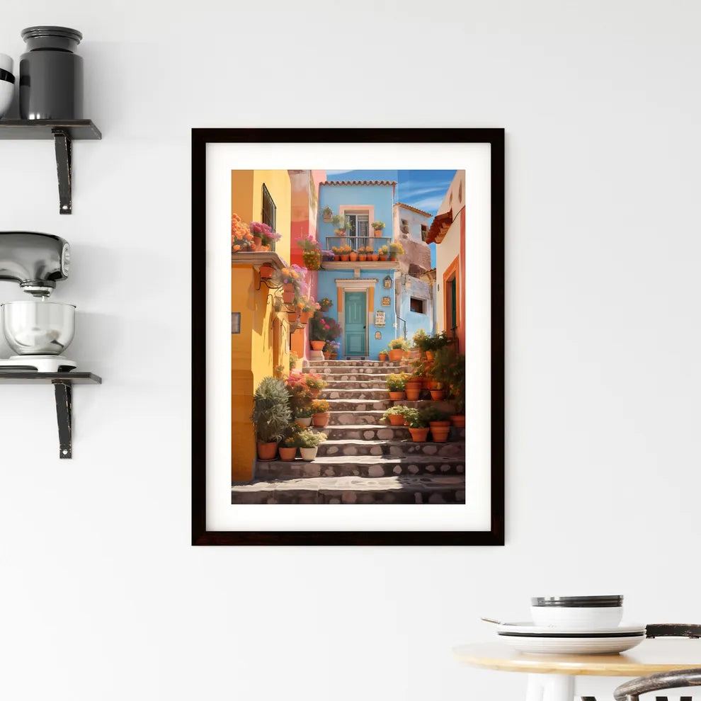 A Poster of San miguel vibrant color combinations - A Stairs Leading To A Building With Pots Of Flowers Custom Print
