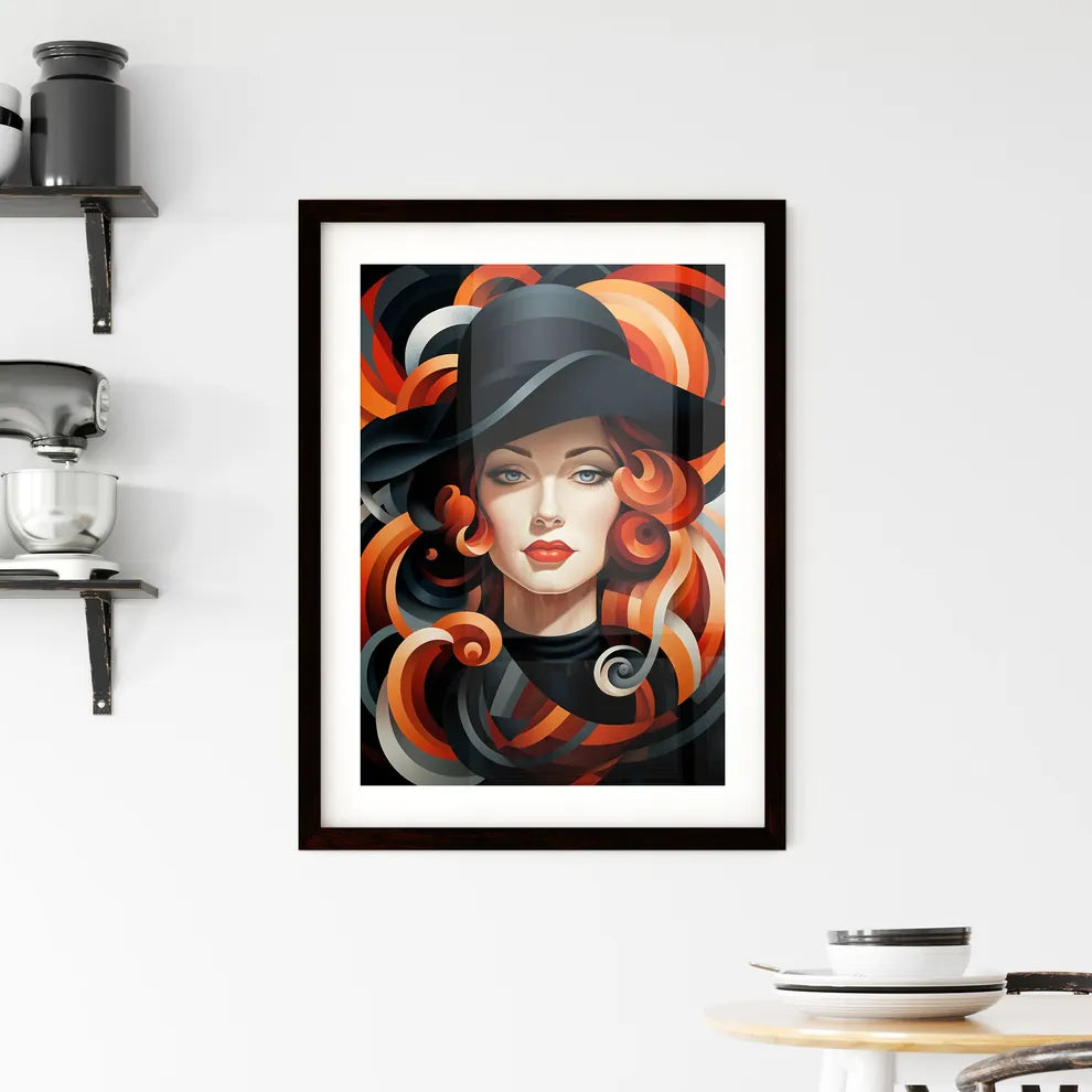 A Poster of a woman wearing a black and red  Framed Print