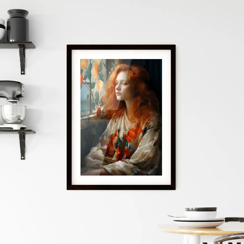 A Poster of woman with red hair sitting - A  Framed Print