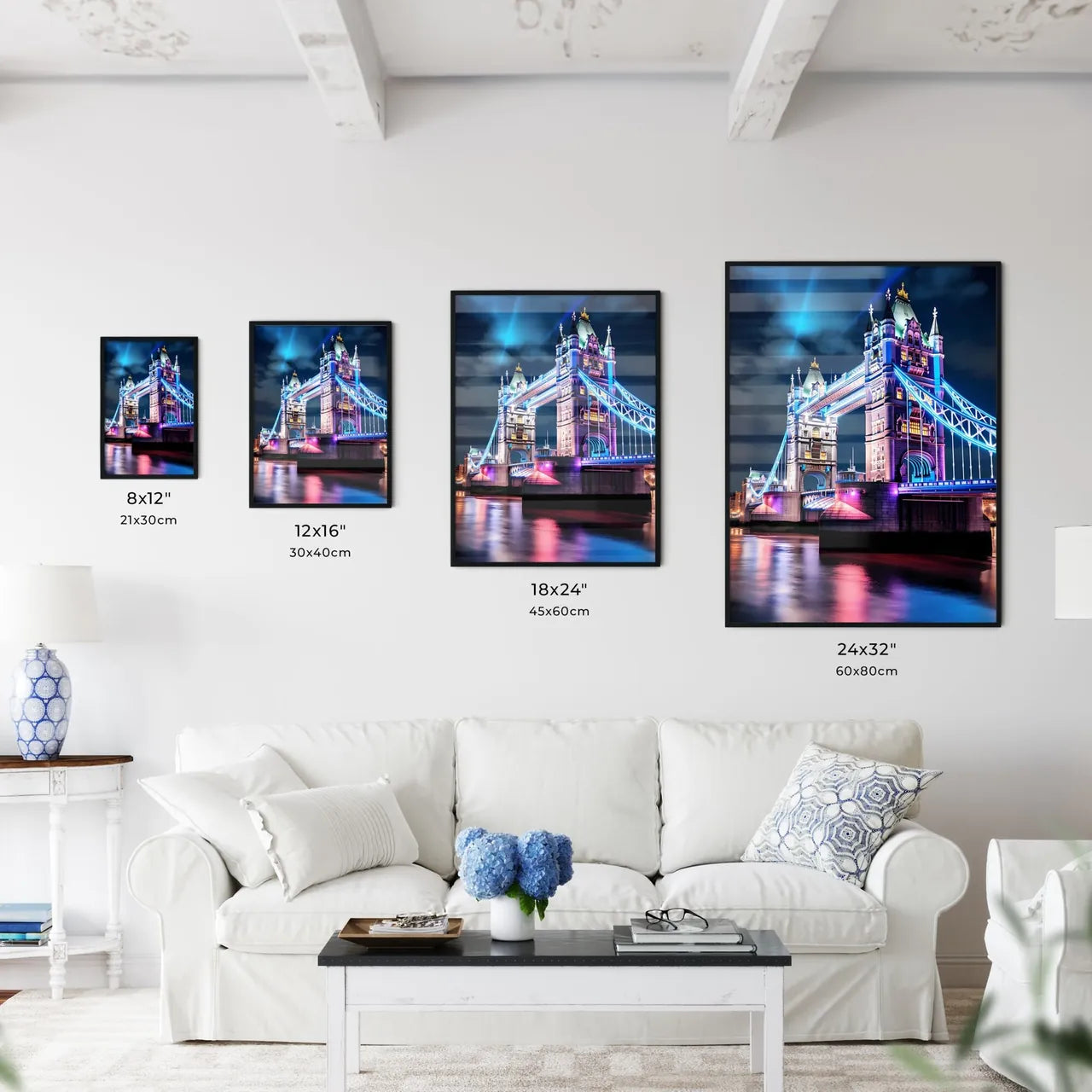 A Poster of Tower Bridge - A Bridge With Lights On It Size Chart