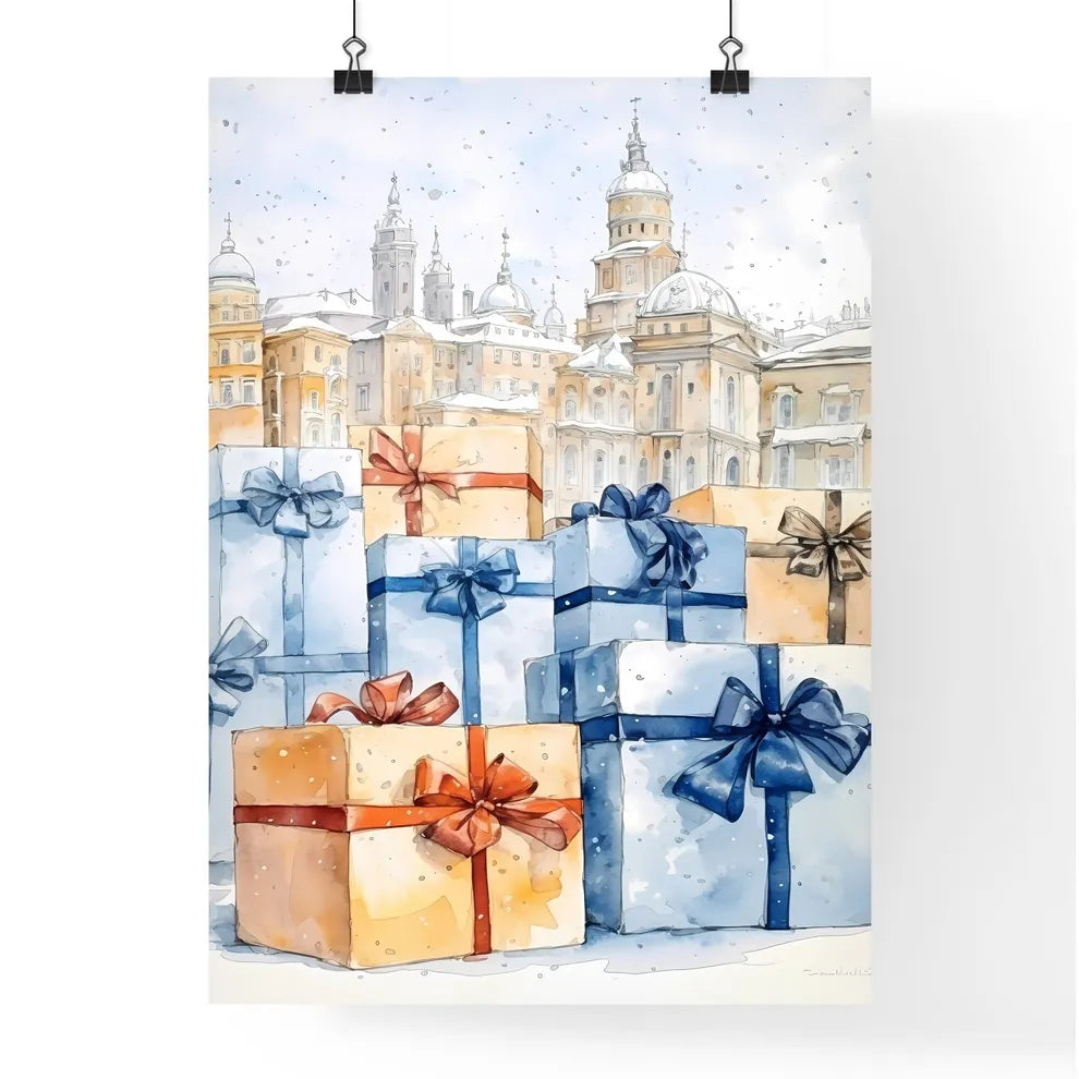 A Poster of Christmas and Holiday Gifts on Snow - A Group Of Presents With Bows Poster