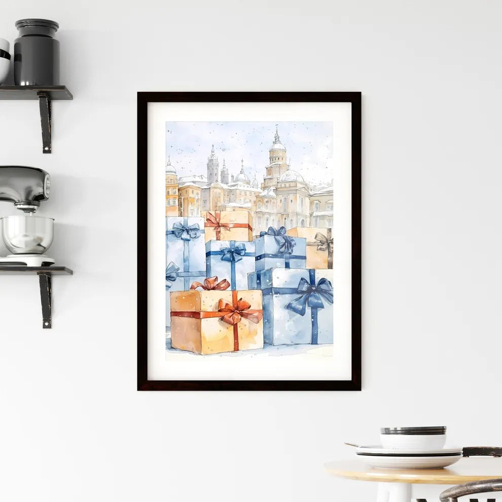A Poster of Christmas and Holiday Gifts on Snow - A Group Of Presents With Bows Custom Print