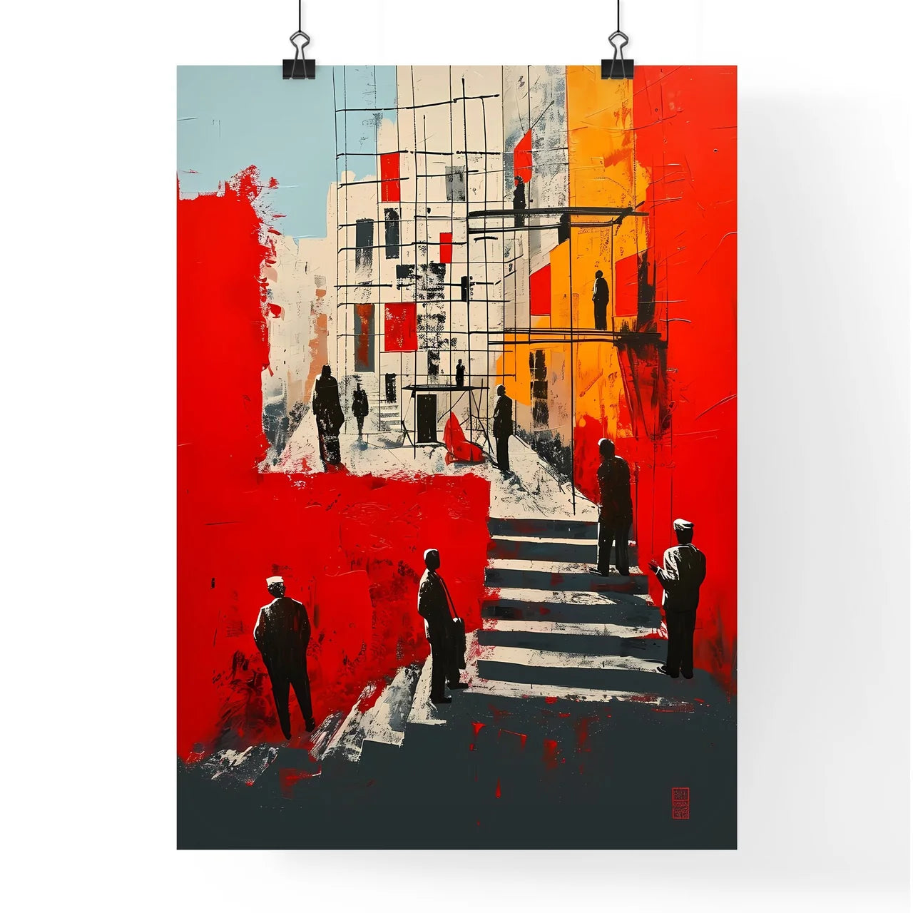 A Poster of Modern painting people standing - A Painting Of People Standing On Stairs Poster