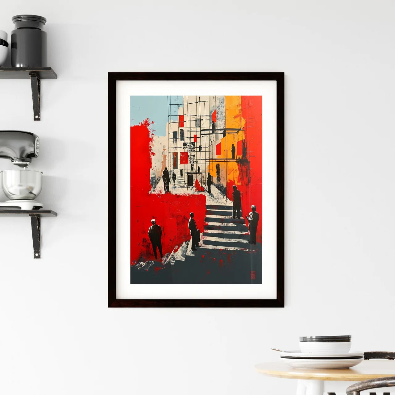 A Poster of Modern painting people standing - A Painting Of People Standing On Stairs Custom Print