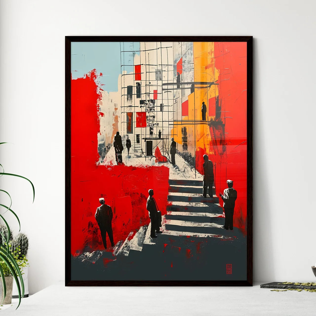A Poster of Modern painting people standing - A Painting Of People Standing On Stairs Framed Art
