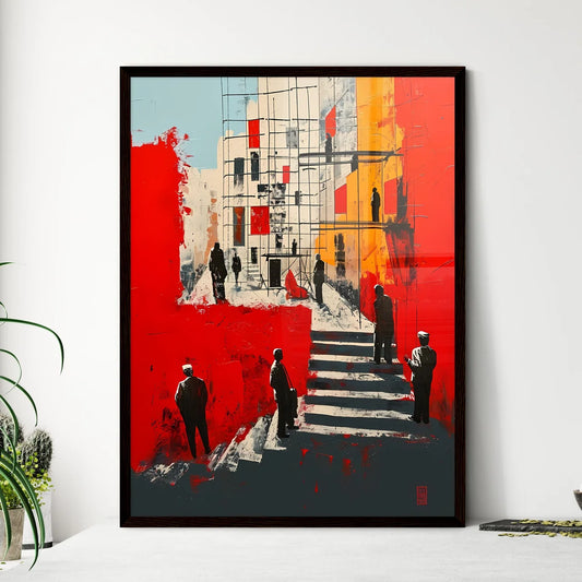 A Poster of Modern painting people standing - A Painting Of People Standing On Stairs Framed Art