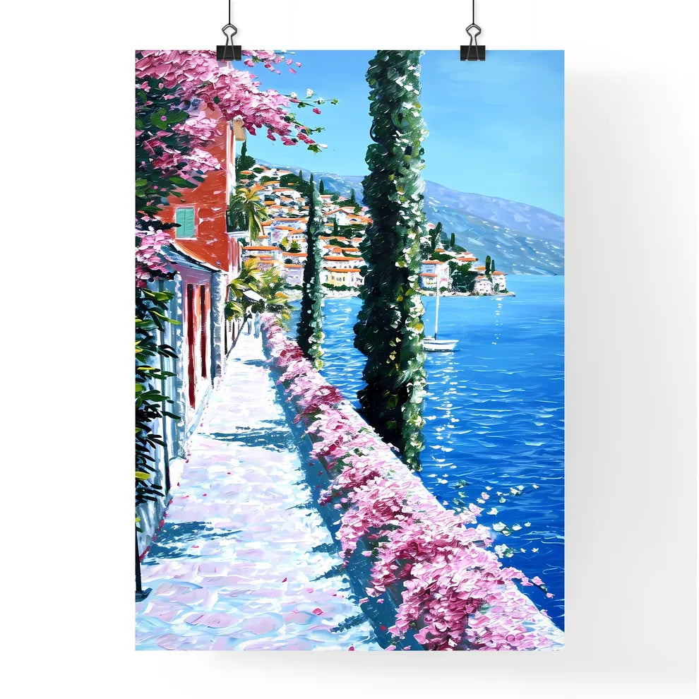 A Poster of impressionistic landscape in Southern France - A Wall With Trees And Flowers On It By A Body Of Water Poster