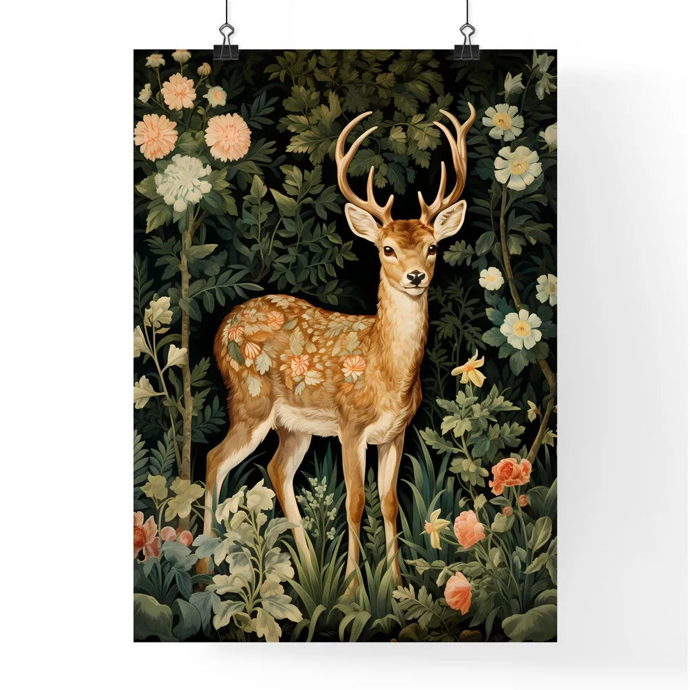 A Poster of a deer in the middle of floral tapestry  Poster