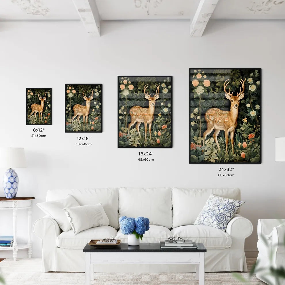 A Poster of a deer in the middle of floral tapestry  Size Chart
