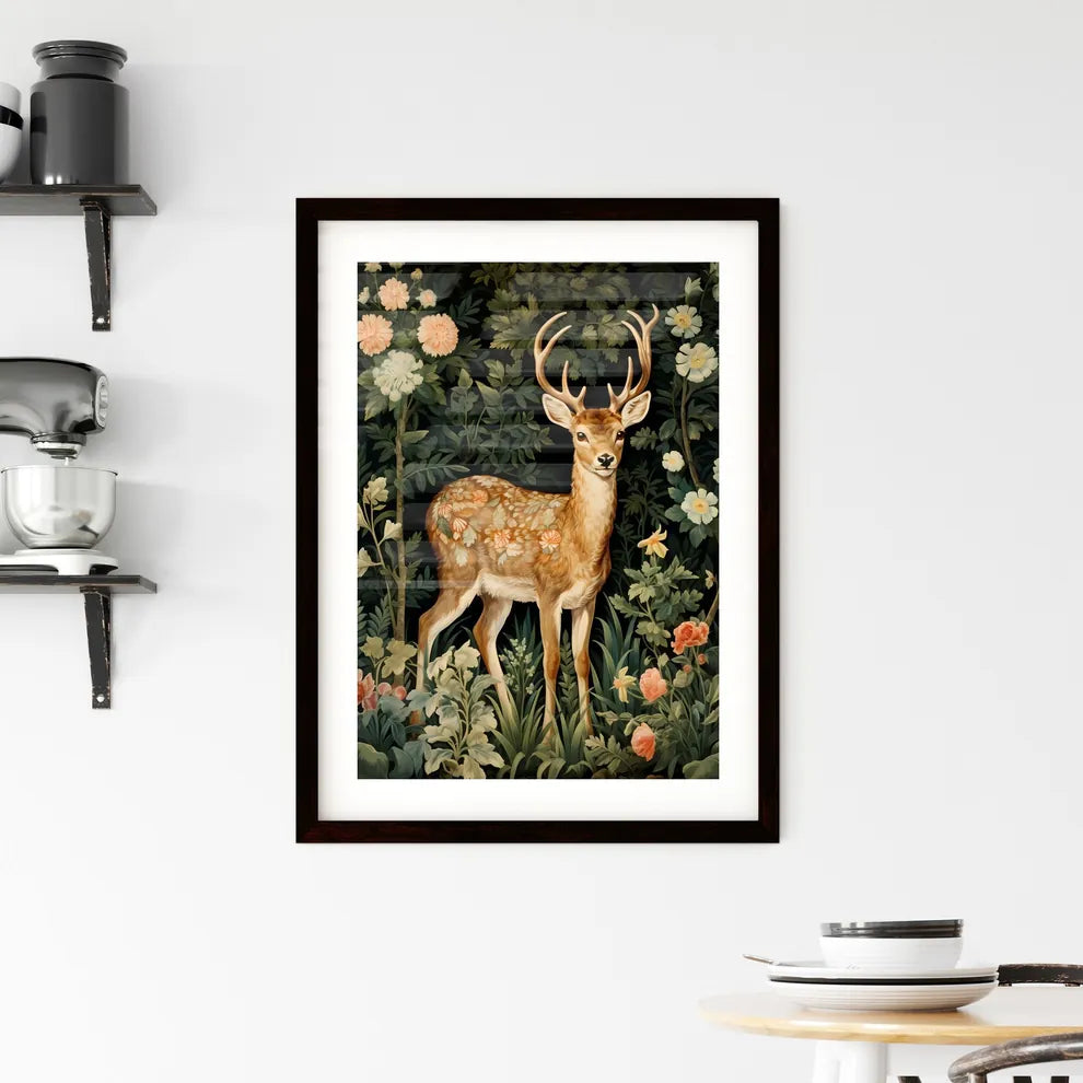 A Poster of a deer in the middle of floral tapestry  Framed Print