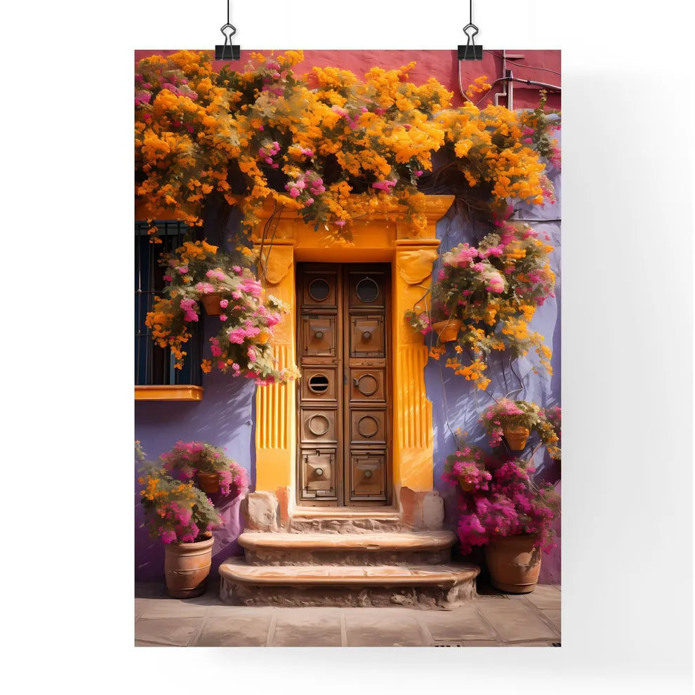 A Poster of San miguel vibrant color combinations - A Door With Flowers On It Poster