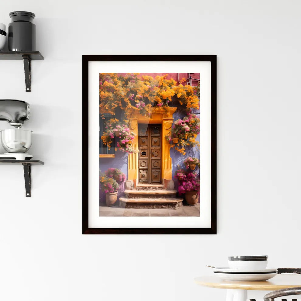 A Poster of San miguel vibrant color combinations - A Door With Flowers On It Custom Print