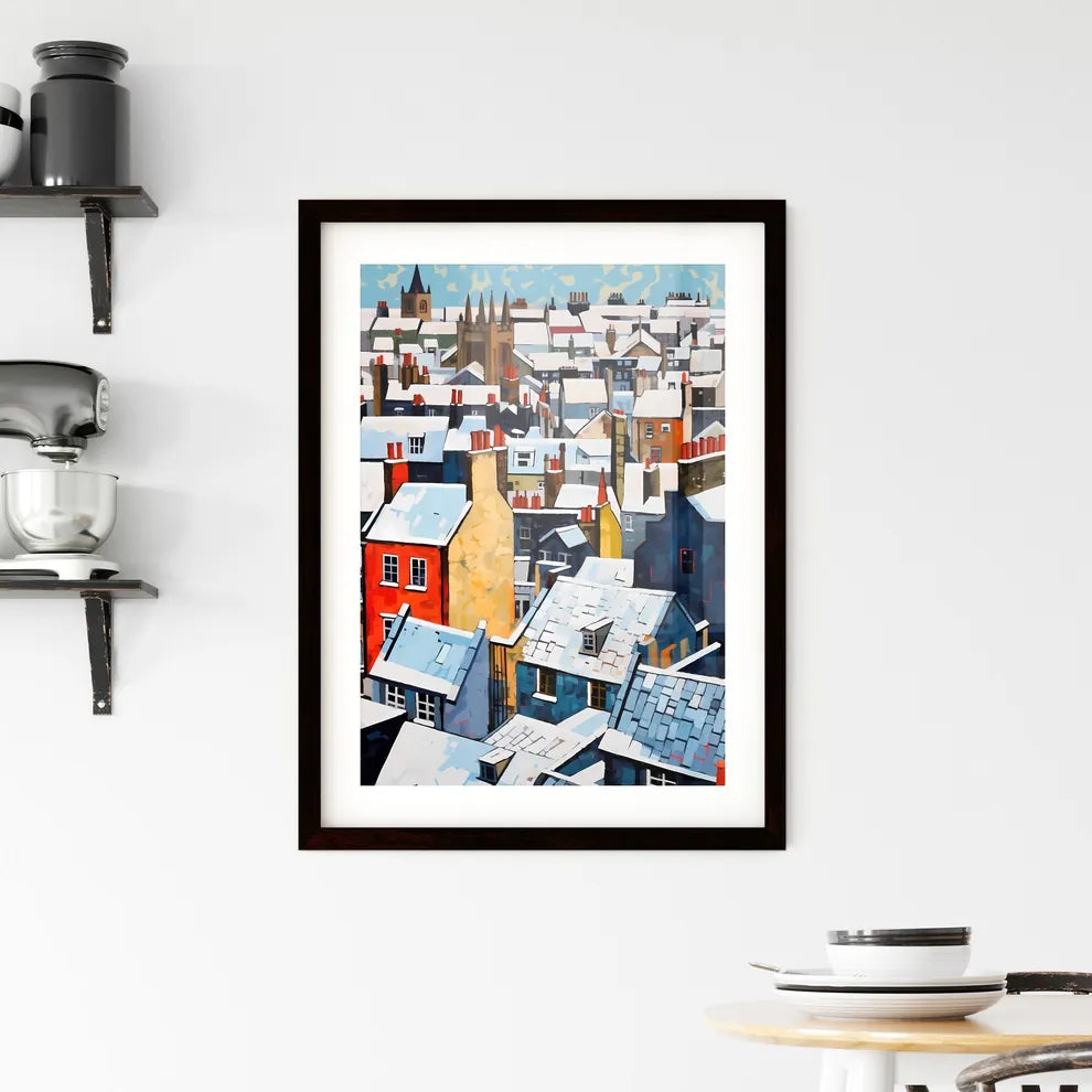 A Poster of snowy urban roofs of london - A Group Of Buildings Covered In Snow Custom Print