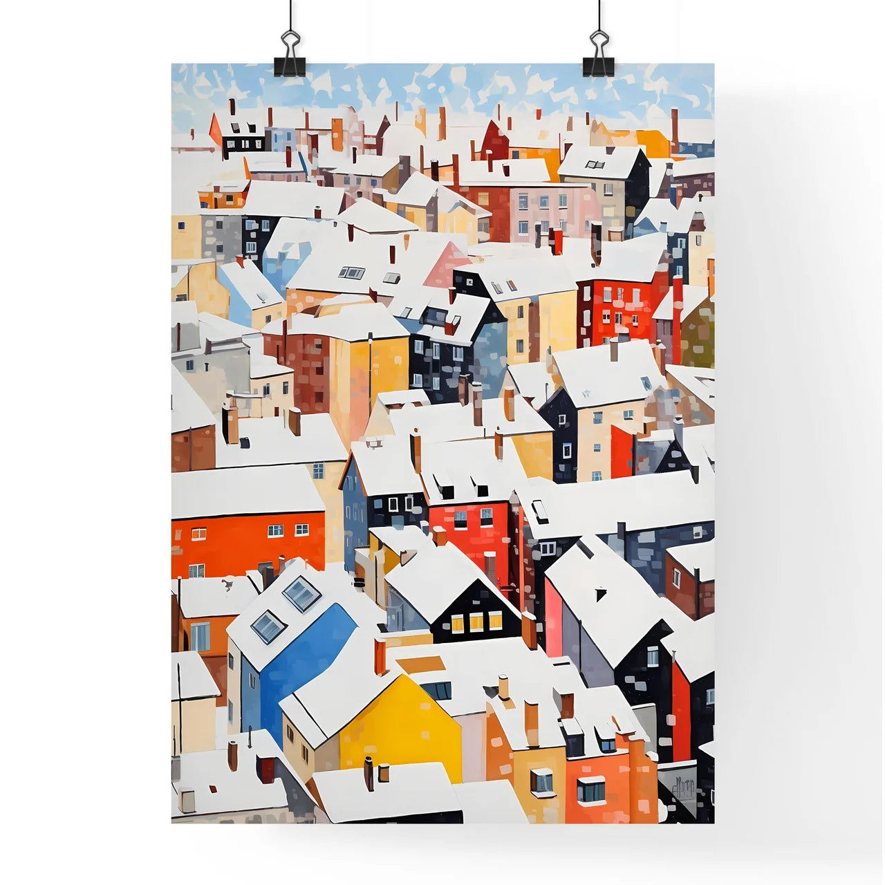 A Poster of snowy urban roofs of berlin - A Group Of Colorful Buildings Covered In Snow Poster