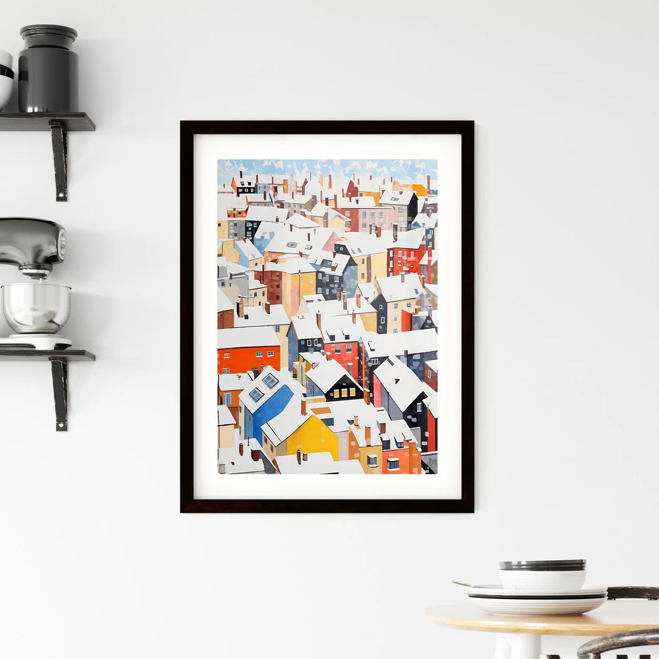 A Poster of snowy urban roofs of berlin - A Group Of Colorful Buildings Covered In Snow Custom Print