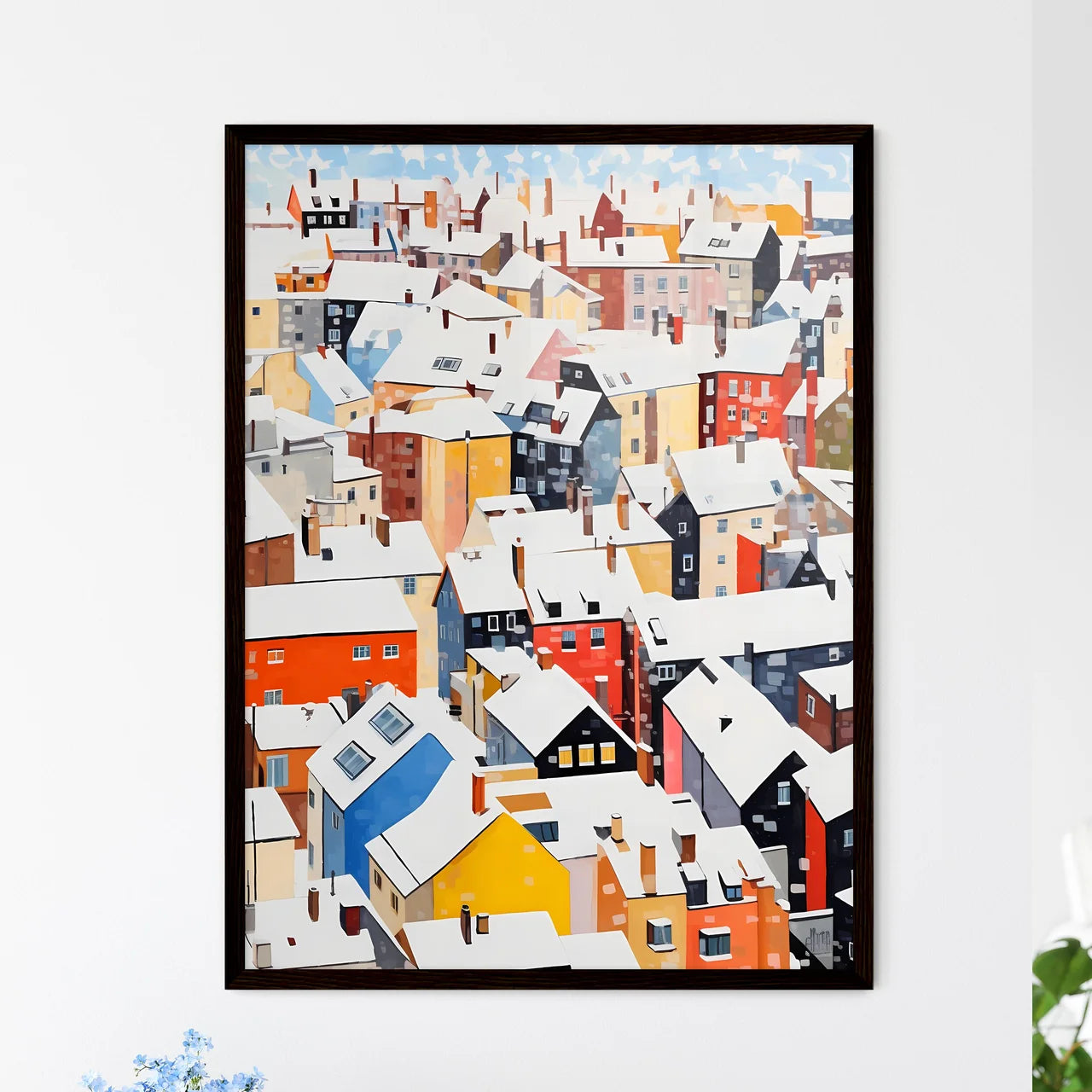 A Poster of snowy urban roofs of berlin - A Group Of Colorful Buildings Covered In Snow Framed Art
