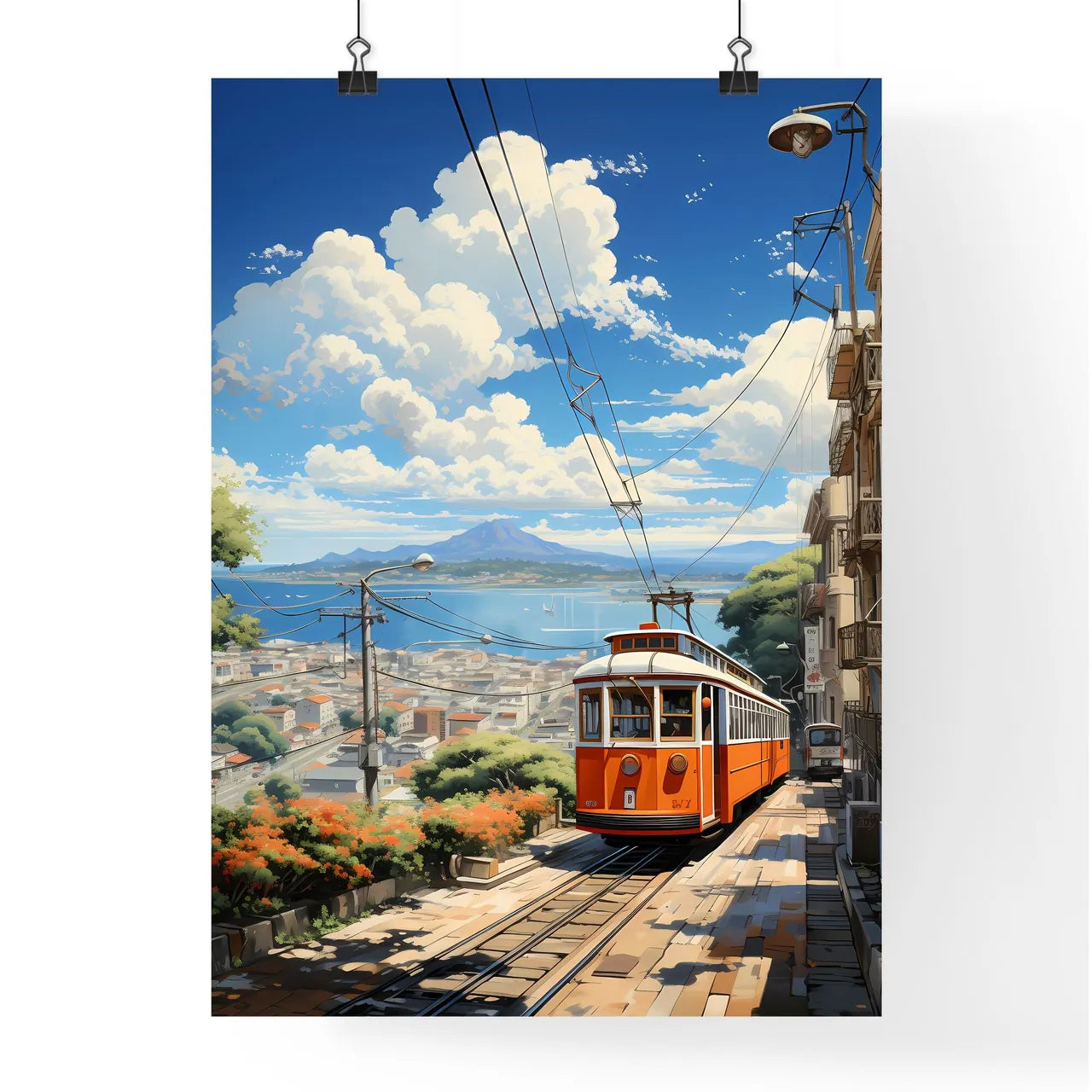 A Poster of the roofs of san francisco - A Trolley On A Track In A City Poster