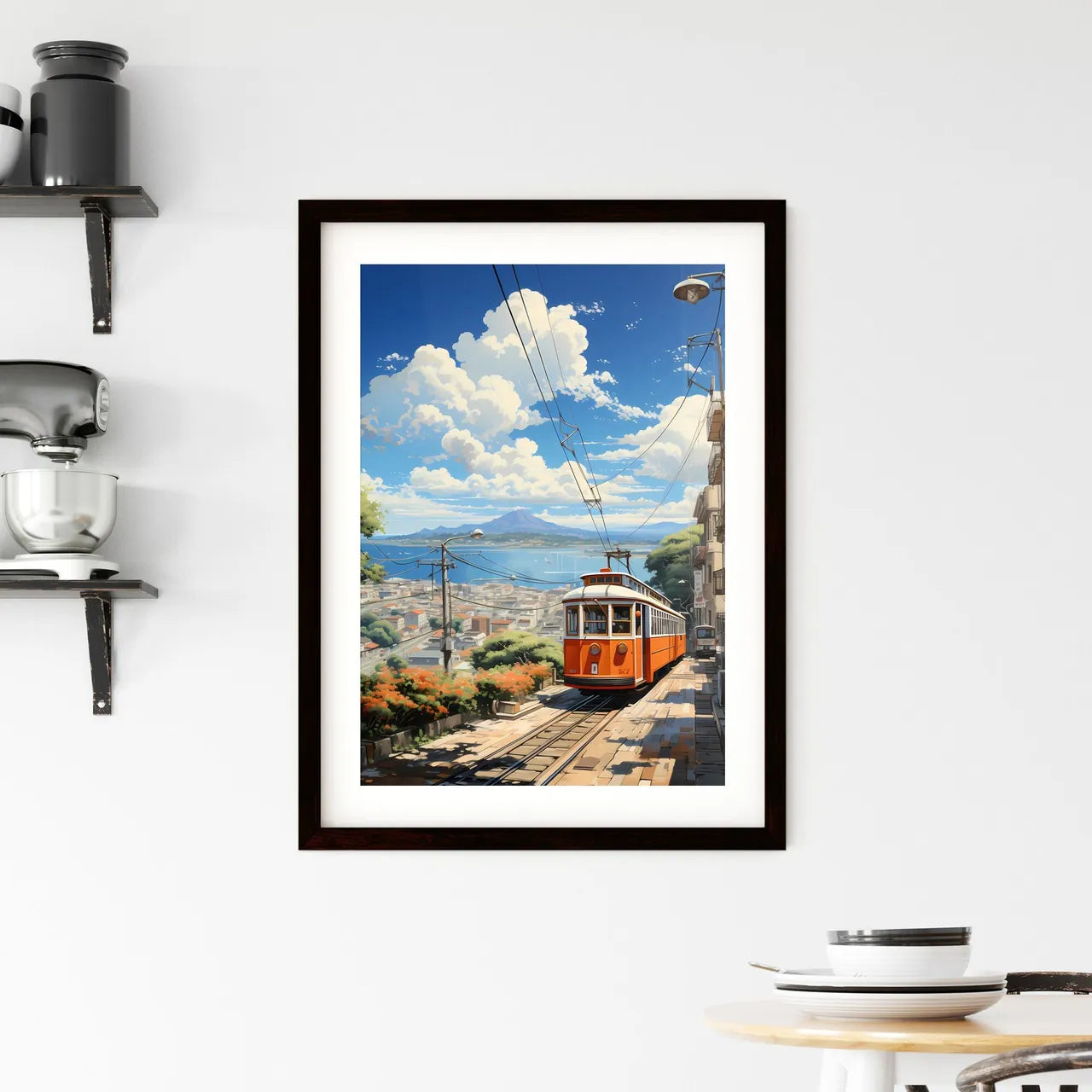 A Poster of the roofs of san francisco - A Trolley On A Track In A City Custom Print