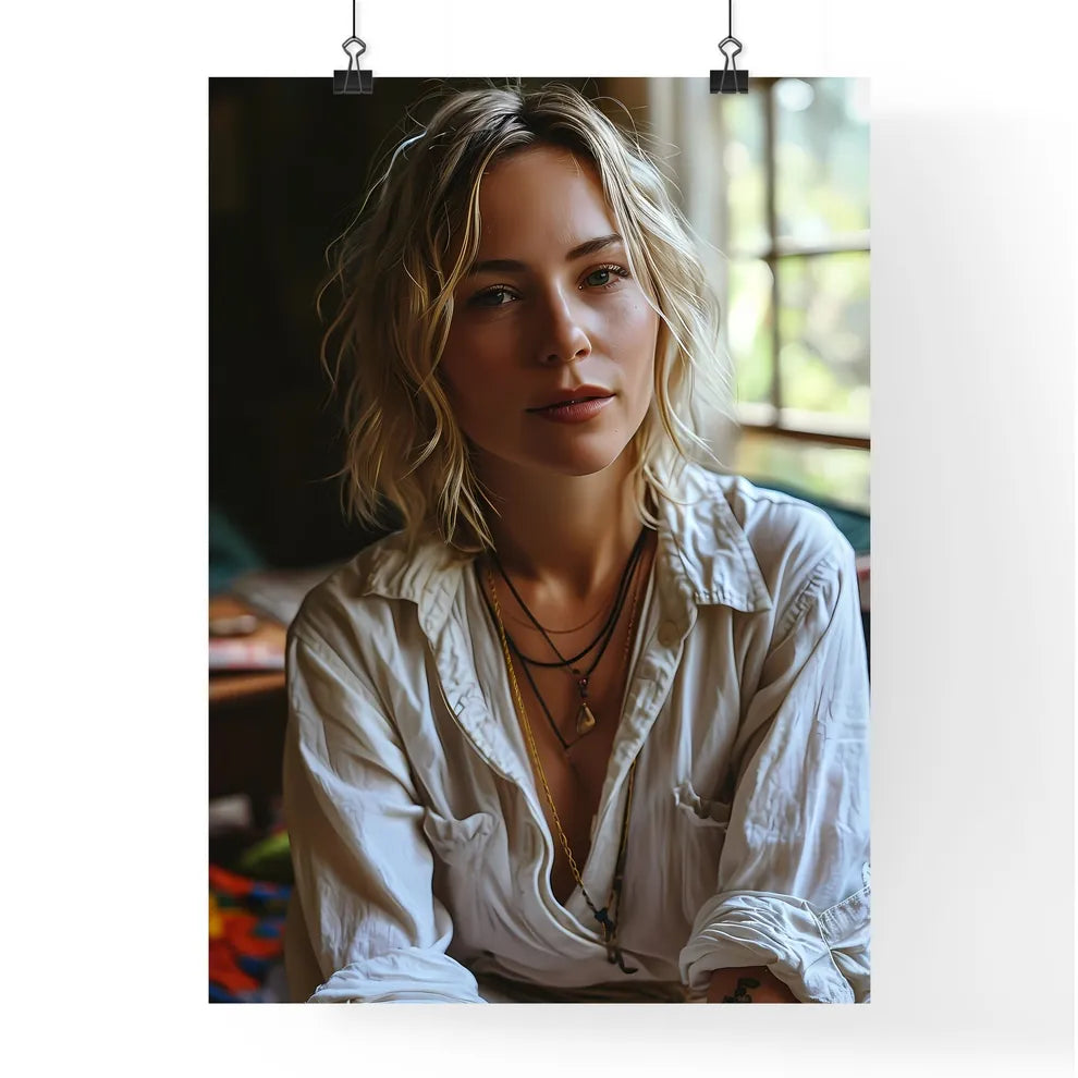 A Poster of A well-lit room with neutral-colored walls - A Woman With Blonde Hair Wearing A White Shirt Default Title