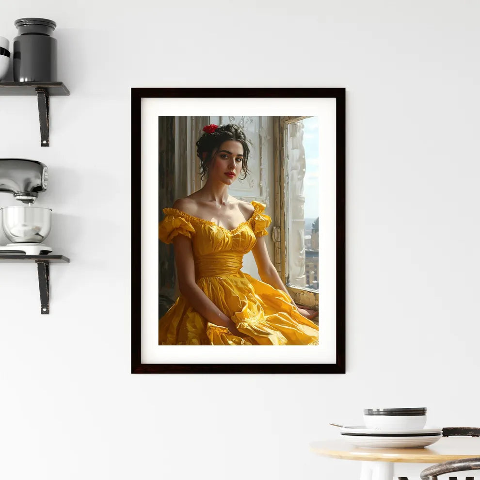 A Poster of painting of woman sitting by the Framed Print