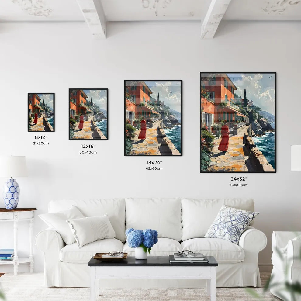 A Poster of Cte-dAzur France - A Woman In A Red Dress Walking Down A Sidewalk By A Body Of Water Size Chart