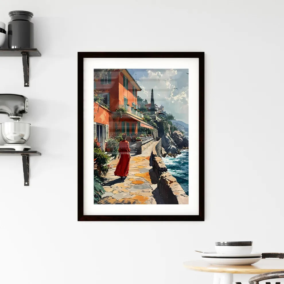 A Poster of Cte-dAzur France - A Woman In A Red Dress Walking Down A Sidewalk By A Body Of Water Custom Print