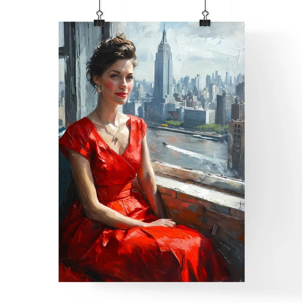 A Poster of painting of woman sitting by the window - A Woman In A Red Dress Sitting By A Window Poster