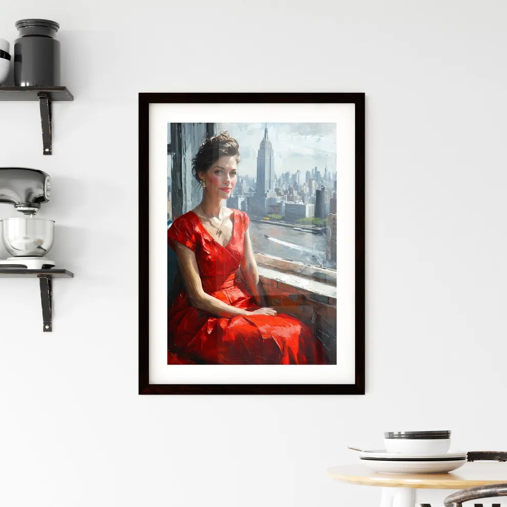 A Poster of painting of woman sitting by the window - A Woman In A Red Dress Sitting By A Window Custom Print