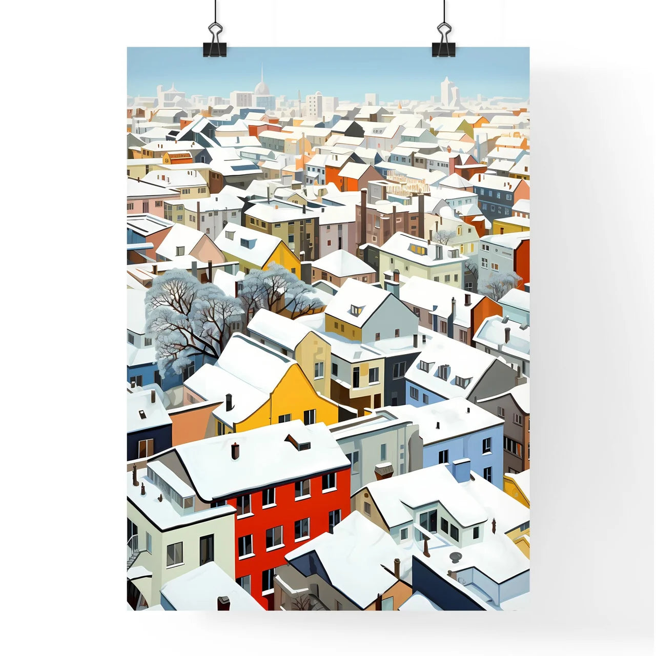 A Poster of snowy urban roofs of berlin - A Group Of Buildings Covered In Snow Poster