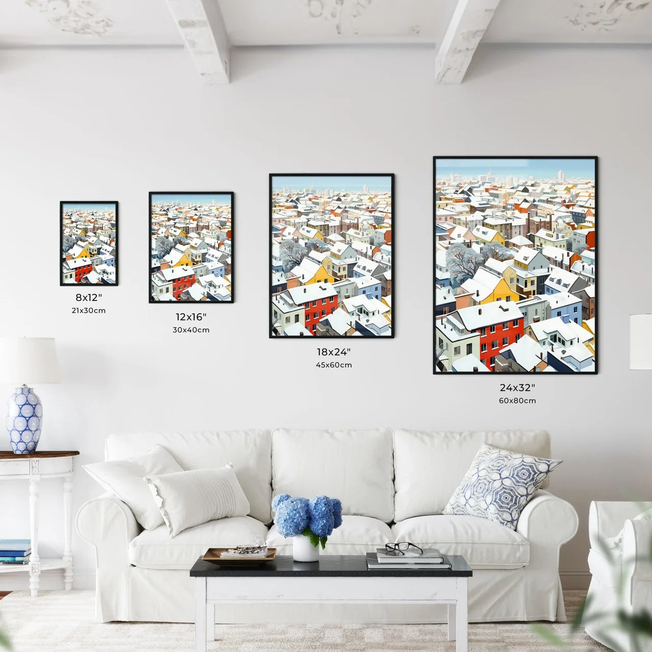 A Poster of snowy urban roofs of berlin - A Group Of Buildings Covered In Snow Size Chart