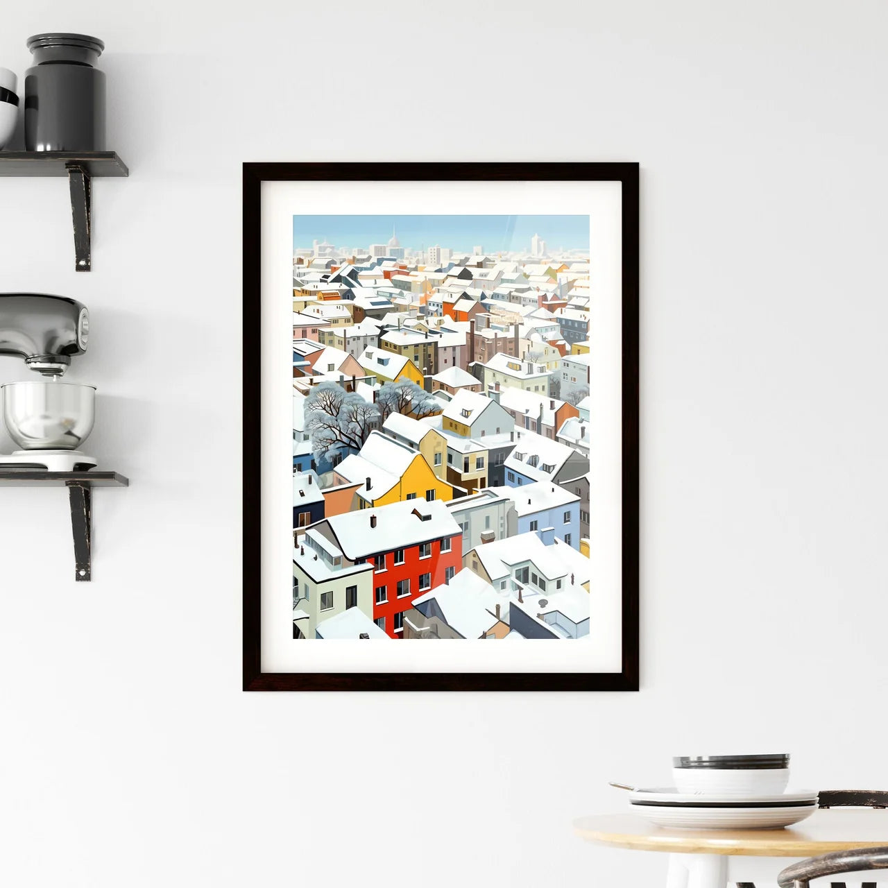A Poster of snowy urban roofs of berlin - A Group Of Buildings Covered In Snow Custom Print