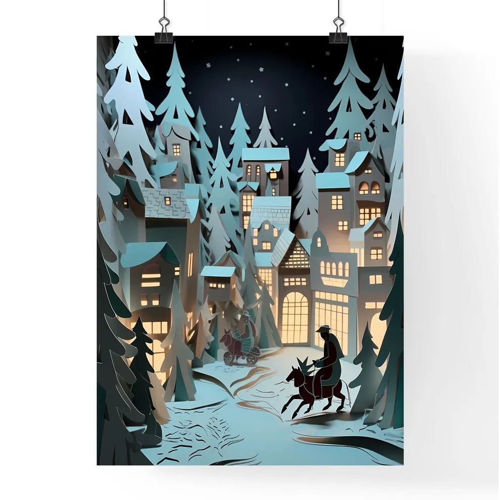 A Poster of paper art paper cut animation - A Paper Cut Out Of A Town With Houses And A Man Riding A Horse Poster