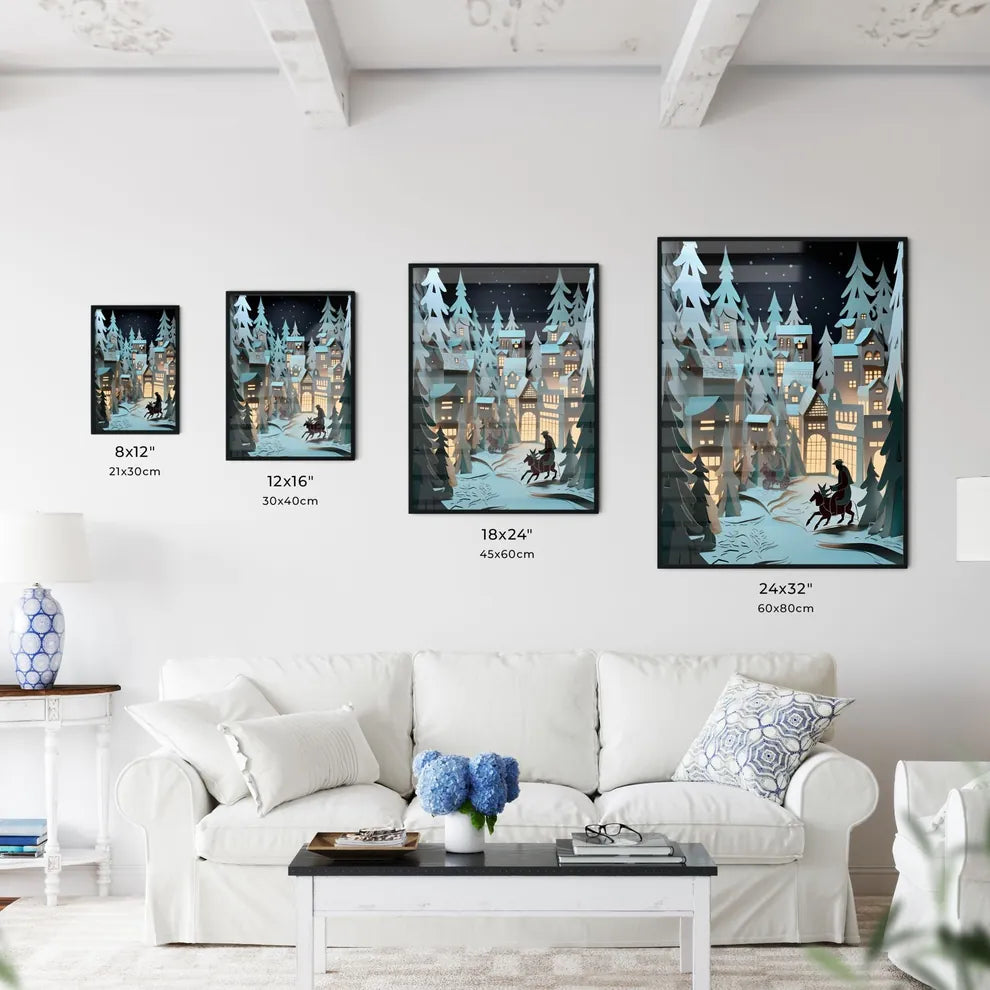 A Poster of paper art paper cut animation - A Paper Cut Out Of A Town With Houses And A Man Riding A Horse Size Chart