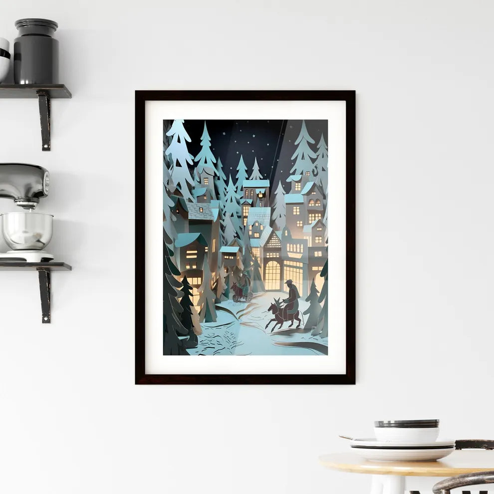 A Poster of paper art paper cut animation - A Paper Cut Out Of A Town With Houses And A Man Riding A Horse Custom Print