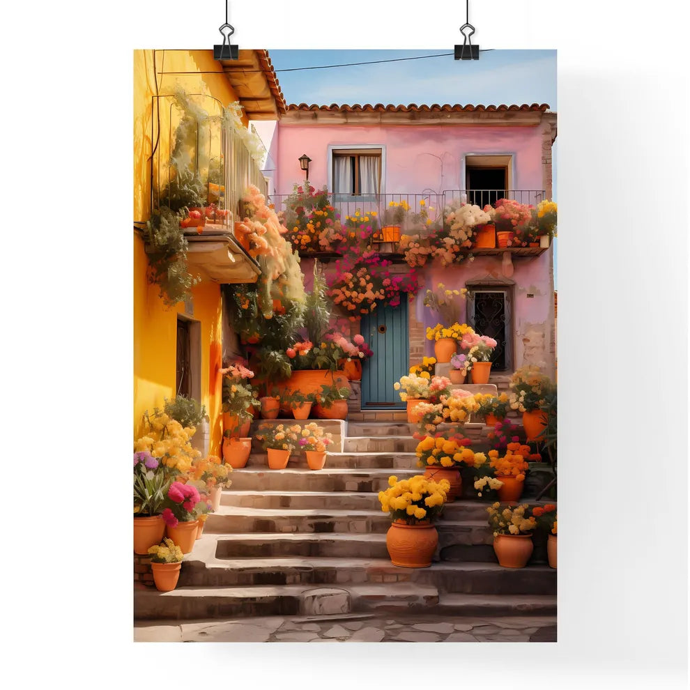 A Poster of San miguel vibrant color combinations - A House With Many Pots Of Flowers Poster