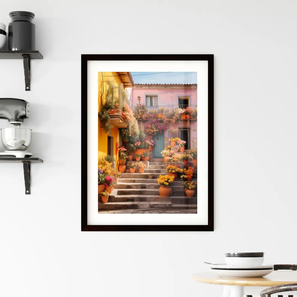A Poster of San miguel vibrant color combinations - A House With Many Pots Of Flowers Custom Print