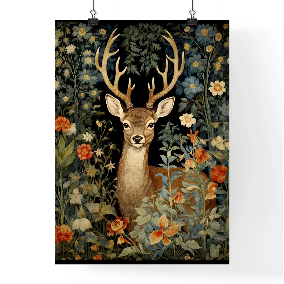 A Poster of a deer in the middle of floral tapestry  Poster