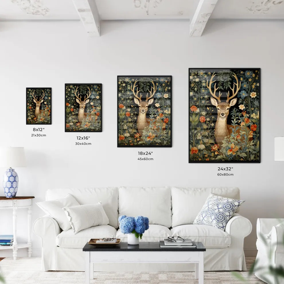 A Poster of a deer in the middle of floral tapestry  Size Chart