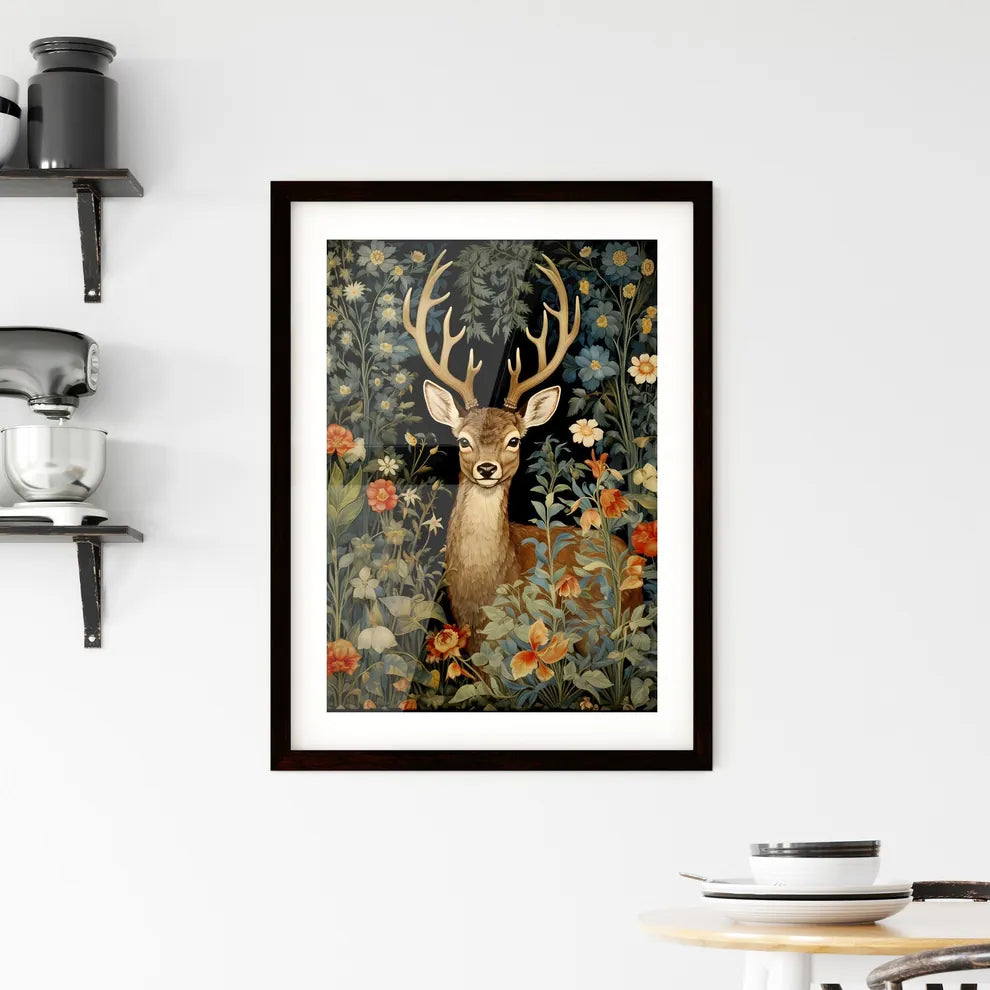 A Poster of a deer in the middle of floral tapestry  Framed Print