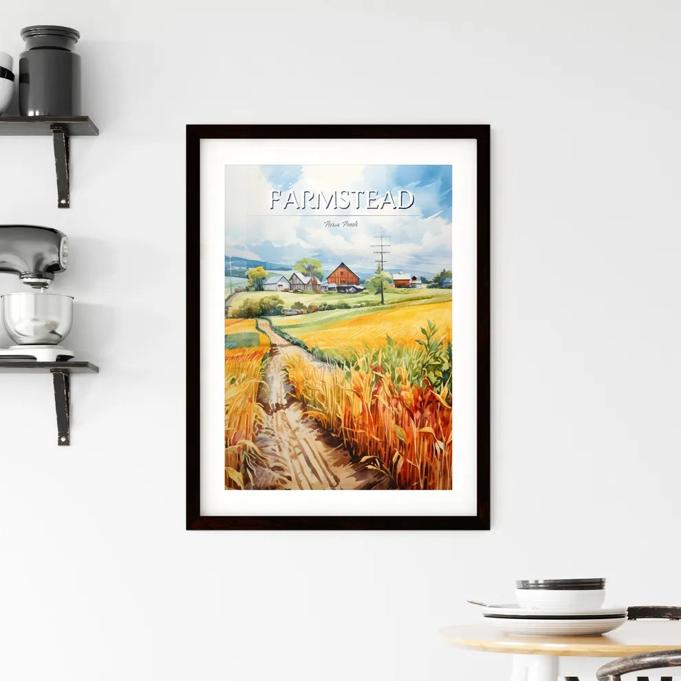A Poster of A watercolor painting of a farml Framed Print