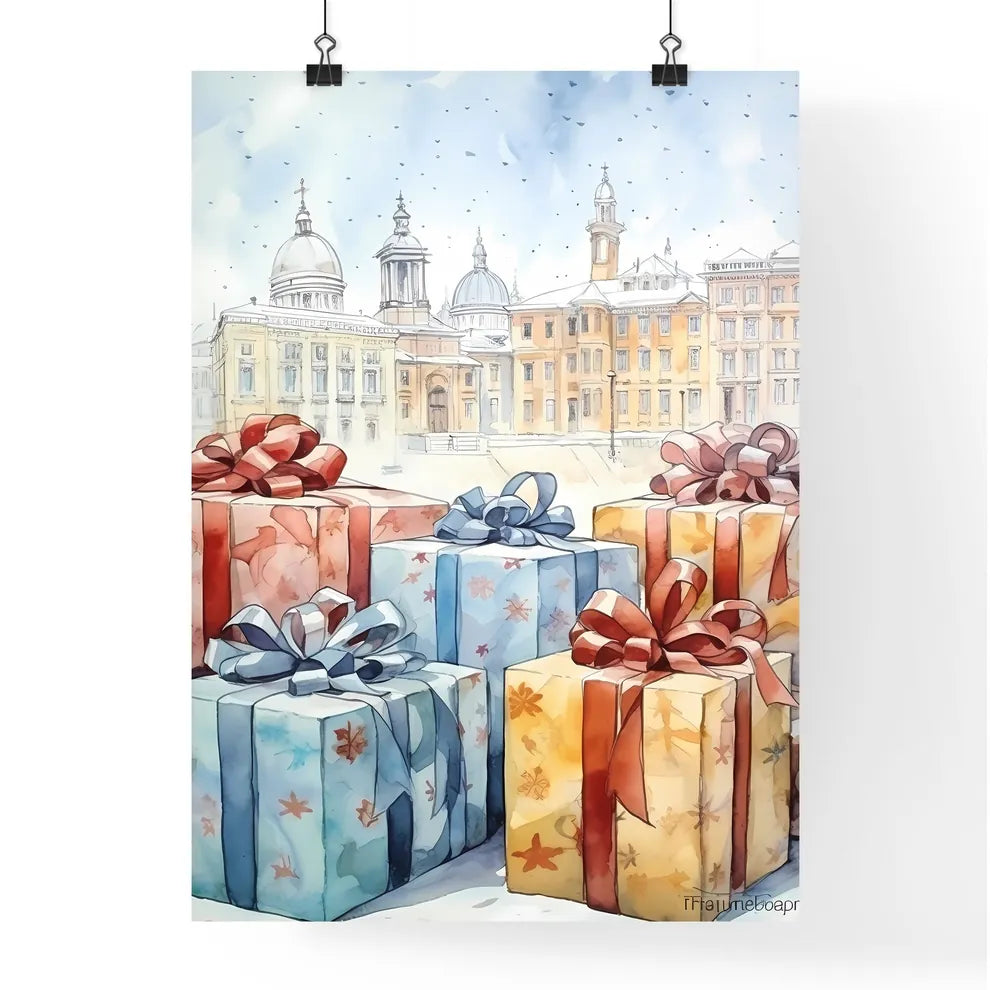 A Poster of Christmas and Holiday Gifts on Snow - A Group Of Wrapped Presents With Bows Poster