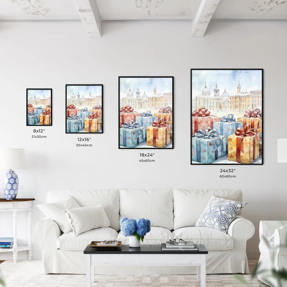 A Poster of Christmas and Holiday Gifts on Snow - A Group Of Wrapped Presents With Bows Size Chart