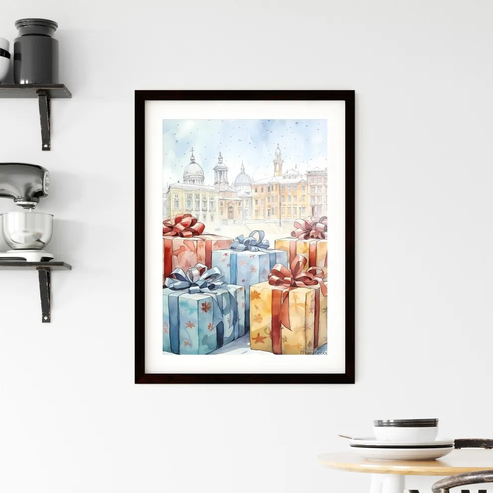 A Poster of Christmas and Holiday Gifts on Snow - A Group Of Wrapped Presents With Bows Custom Print